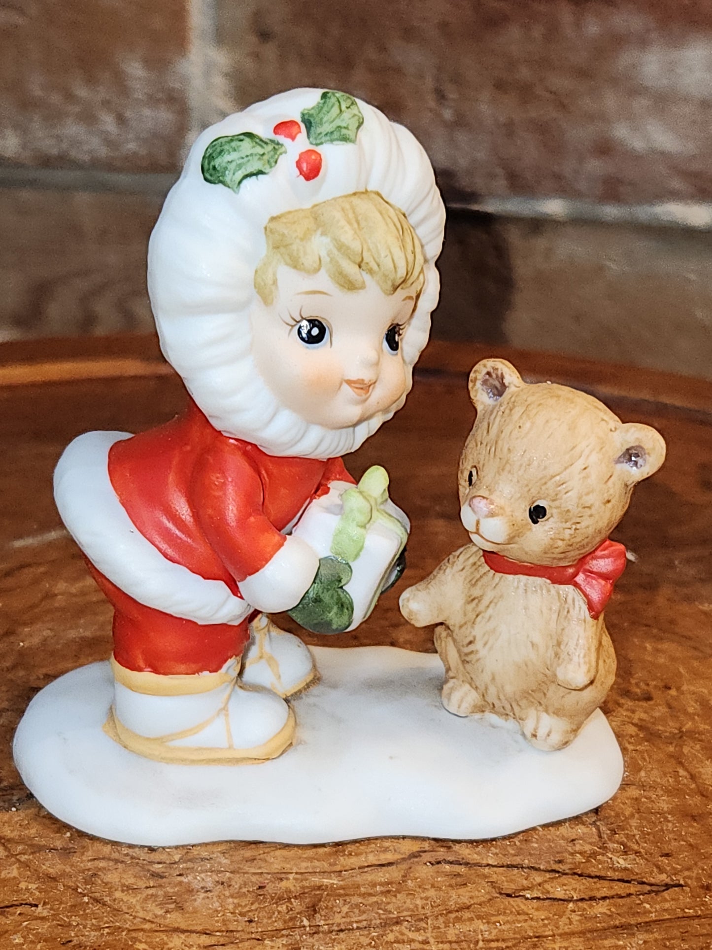 Vintage Lefton Christmas Figurines Girl Holding Gifts And Bear ch6