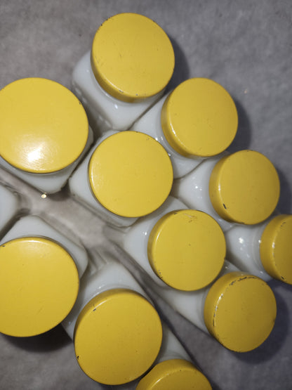 Vintage Milk Glass Spice jars Set Of 12 yellow lids mg78