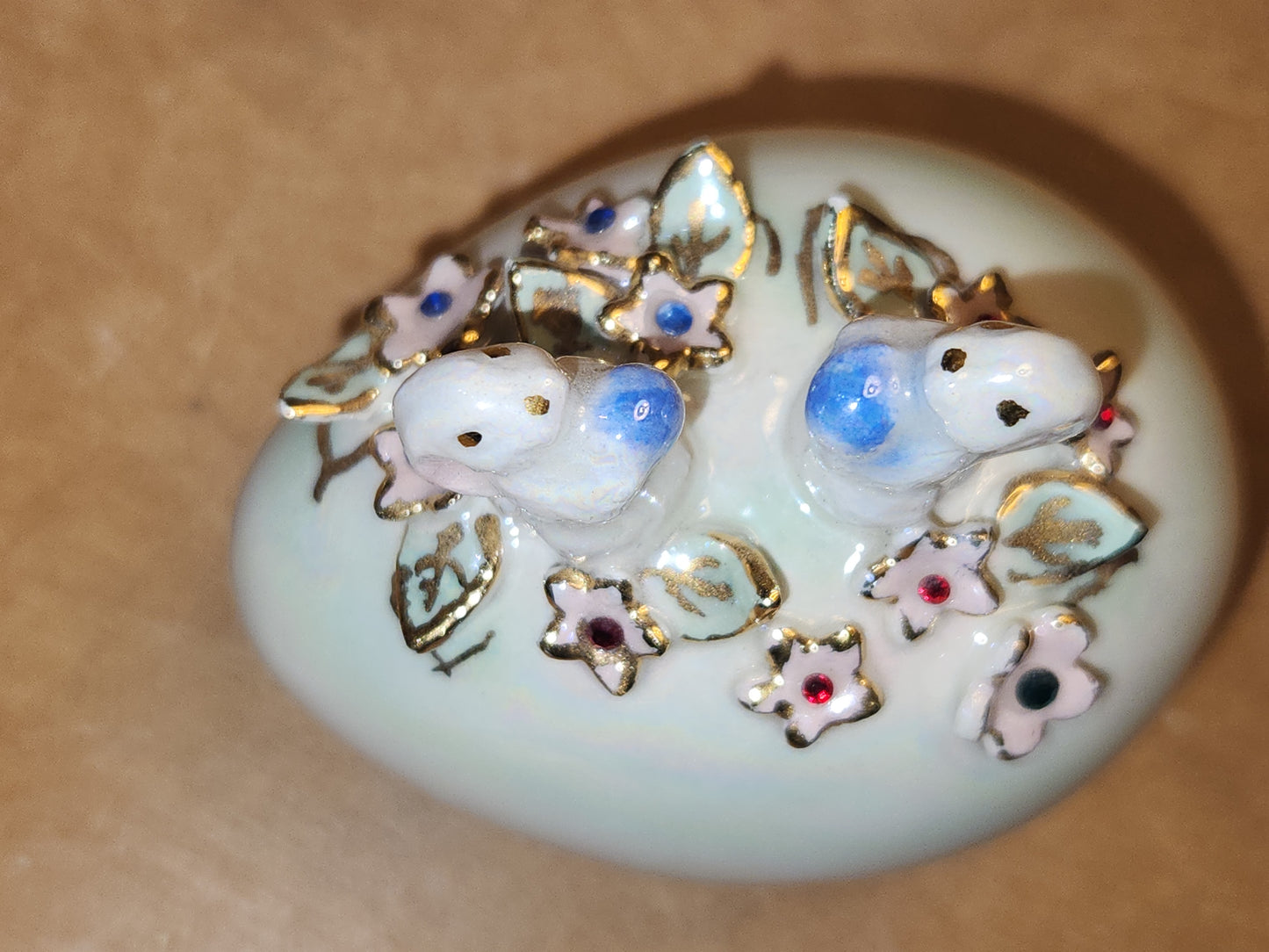 Vintage Porcelain Egg with 3D Bunnies, Flowers Leaves Eggs Gold Accents. Eg7