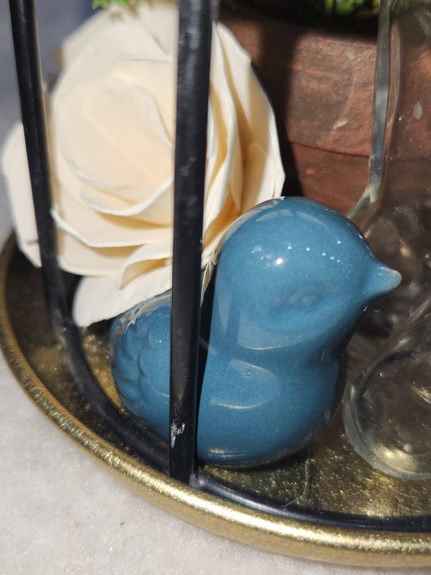 Assemblage light fixture, bottle, bird, plant, wood flower, flashcard