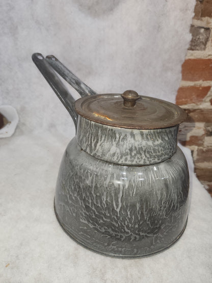 Vintage Primitive Graniteware Enamelware Double Boiler Pot Light Grey Dark Grey Speckled en88