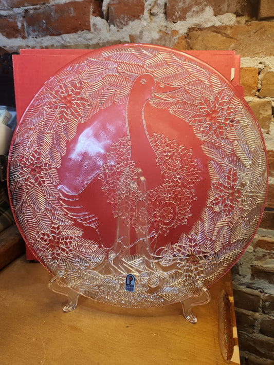 Vintage Pilgrim Glass Serving Plate Platter With a Goose Wearing a Wreath pl81