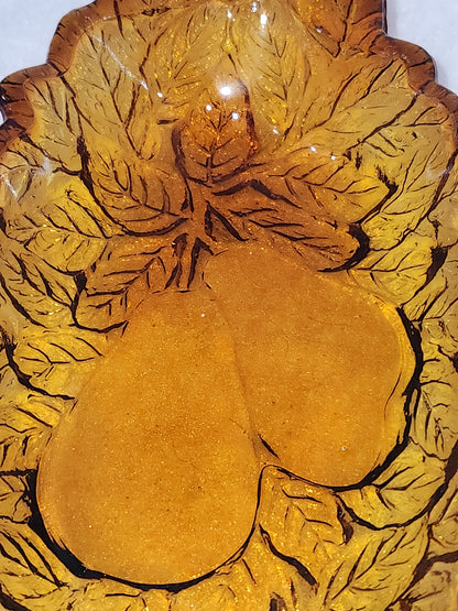 Vintage Oblong Amber Glass Pear & Leaves Serving Dish