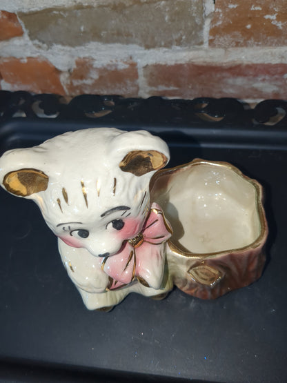 Vintage Shafer bear planter with pink bow pl0023