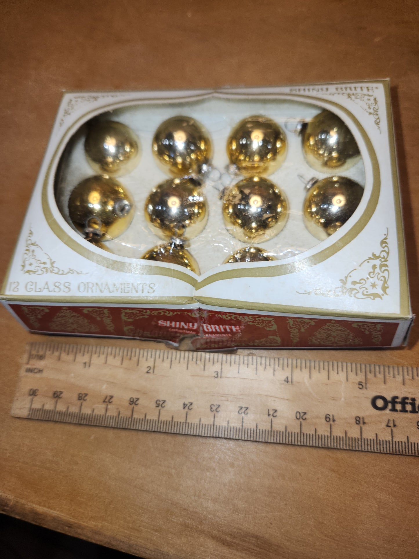 Box of Shiny Brite gold ornaments .98" 1" 25mm box of 12 bO03 box as is