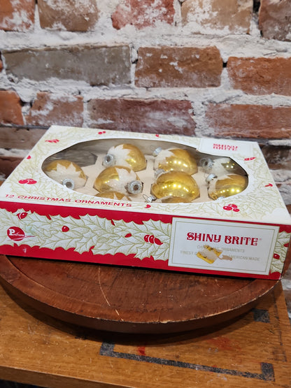 Vintage Shiny Brite ELEVEN 2 1/4" Glass Ornaments Gold Snow Capped With Mica ONE MISSING bo192