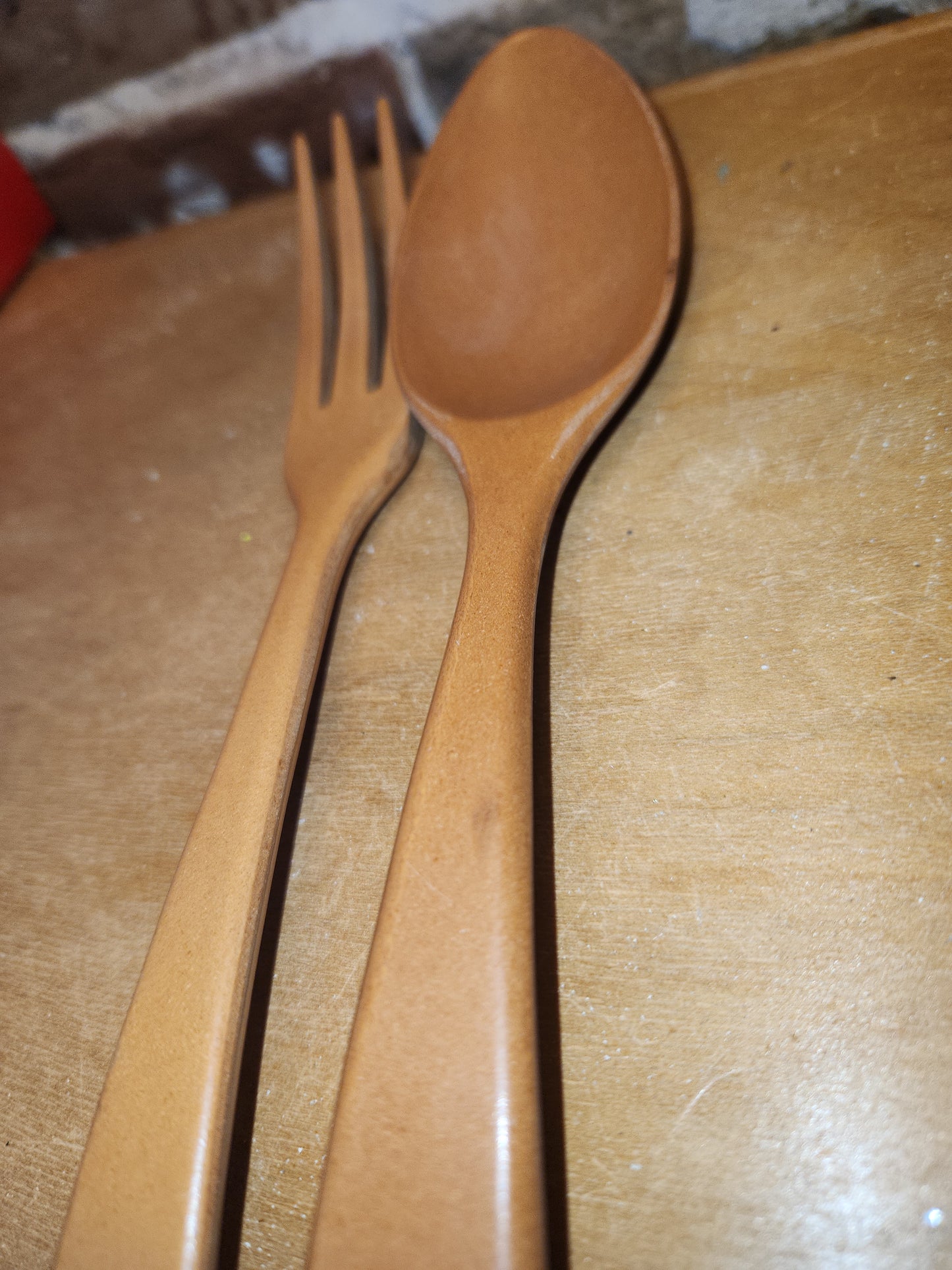 Vintage Fllingers Agatized Wood Salad Fork And Spoon Set Sheboygan Wisconsin kit56