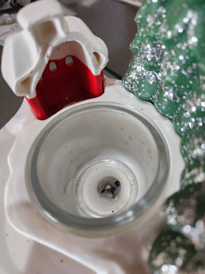 vintage Avon Winter Wonderland Bayberry Candle Scene candleholder barn trees av596