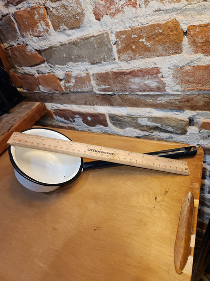Vintage White Enamel Ladle Water Diooer with black handle and trim. En87