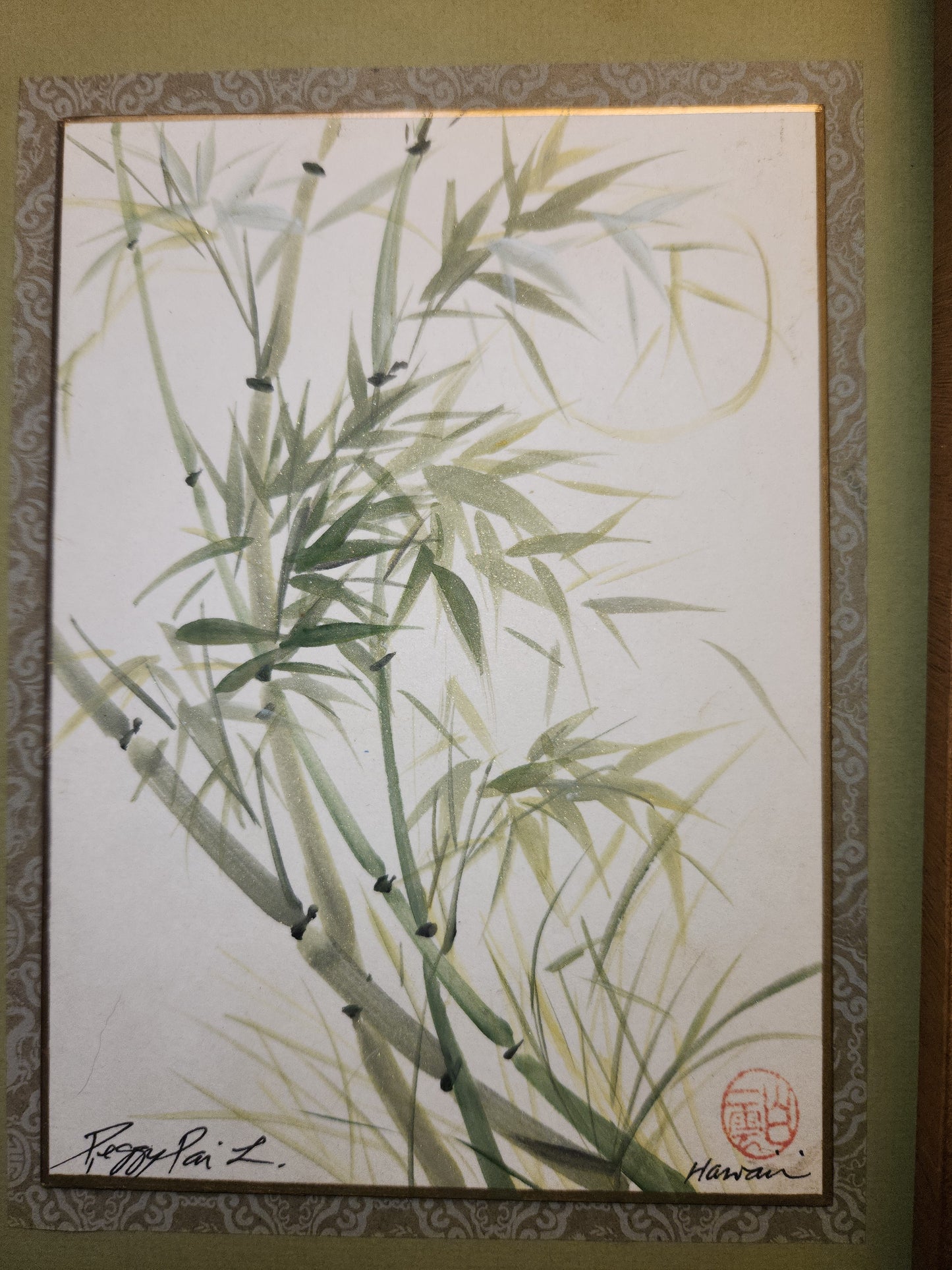 Vintage Peggy Pai Laughlin Framed Mixed Medium Painting B Hawaii Bamboo Dedicated by Artist 9 x 12 Frame