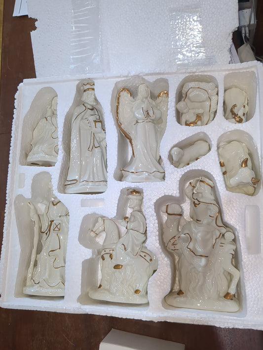 JCPenny porcelain white and gold nativity set