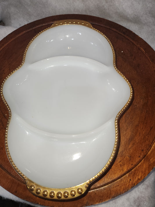 Vintage Fire King Oven Ware Milk Glass tray with 3 sections and gold trim. Mg77