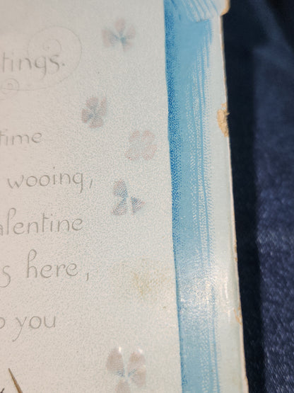 Antique Tuck & Sons Valentines Day Greeting Card Girl, gold birds, blue flowers, Kind Thoughts