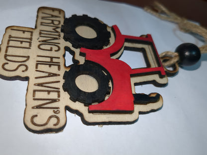Ornament or car charm memorial red tractor "Farming Heaven's Fields"