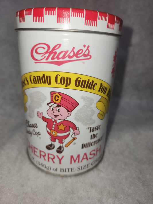 Vintage 1995 EMPTY tin Chase’s Cherry Mash 12 OZ.  Chase’s Candy Cop tin551