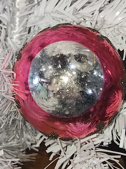 Vintage Mercury Glass Christmas Ornament Silver Pink and Black Mica Scroll GLOWS vo15
