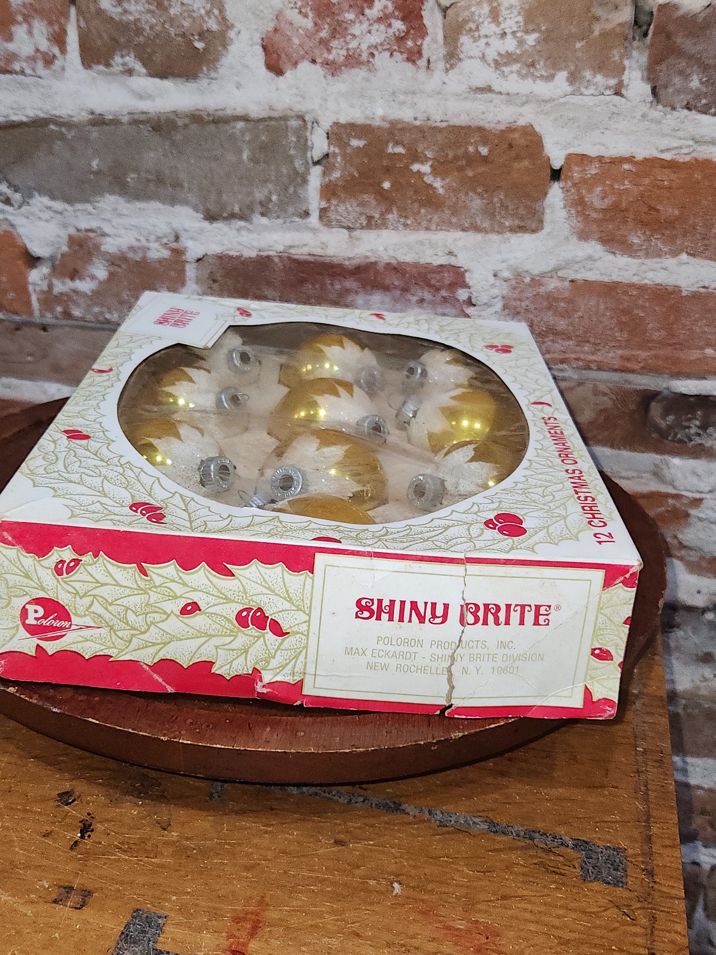 Vintage Shiny Brite 12 2 1/4" Glass Ornaments Gold Snow Capped With Mica bo191