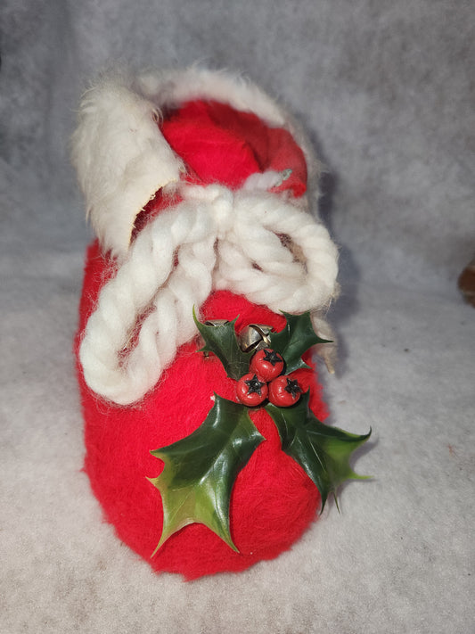 Vintage Red Santa Boot Planter Cover Holly & Bells White Trim ch111