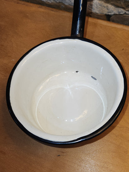 Vintage White Enamel Ladle Water Diooer with black handle and trim. En87
