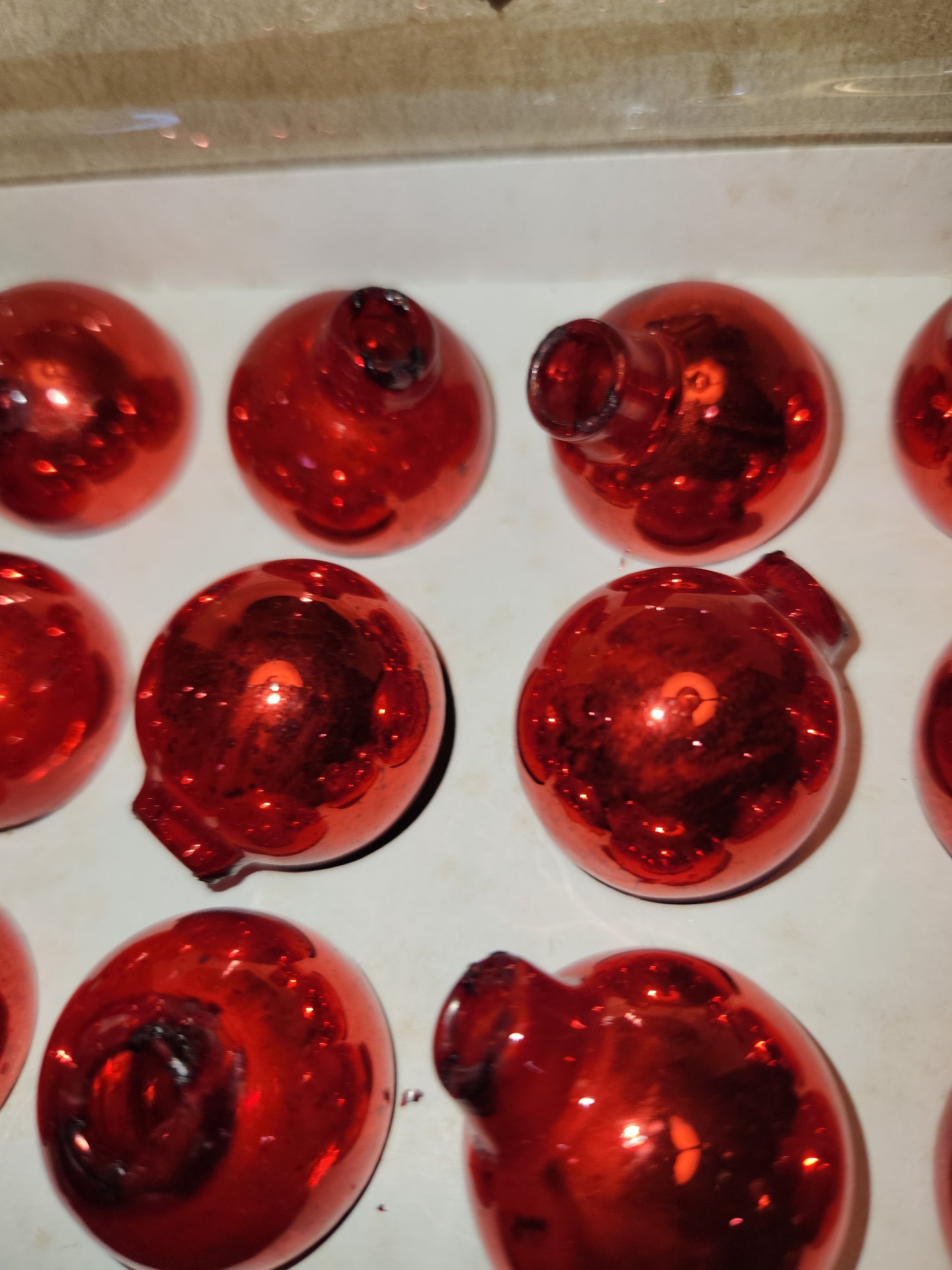 Box of Shiny Brite red ornaments .98" 1" 25mm box of 12 Box As Is No Hangers BO05