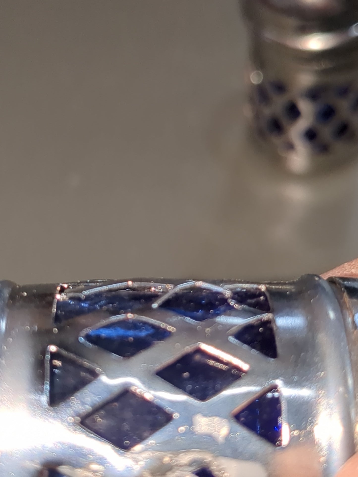 Silver and cobalt Blue glass and metal Lattice Salt and Pepper Shakers