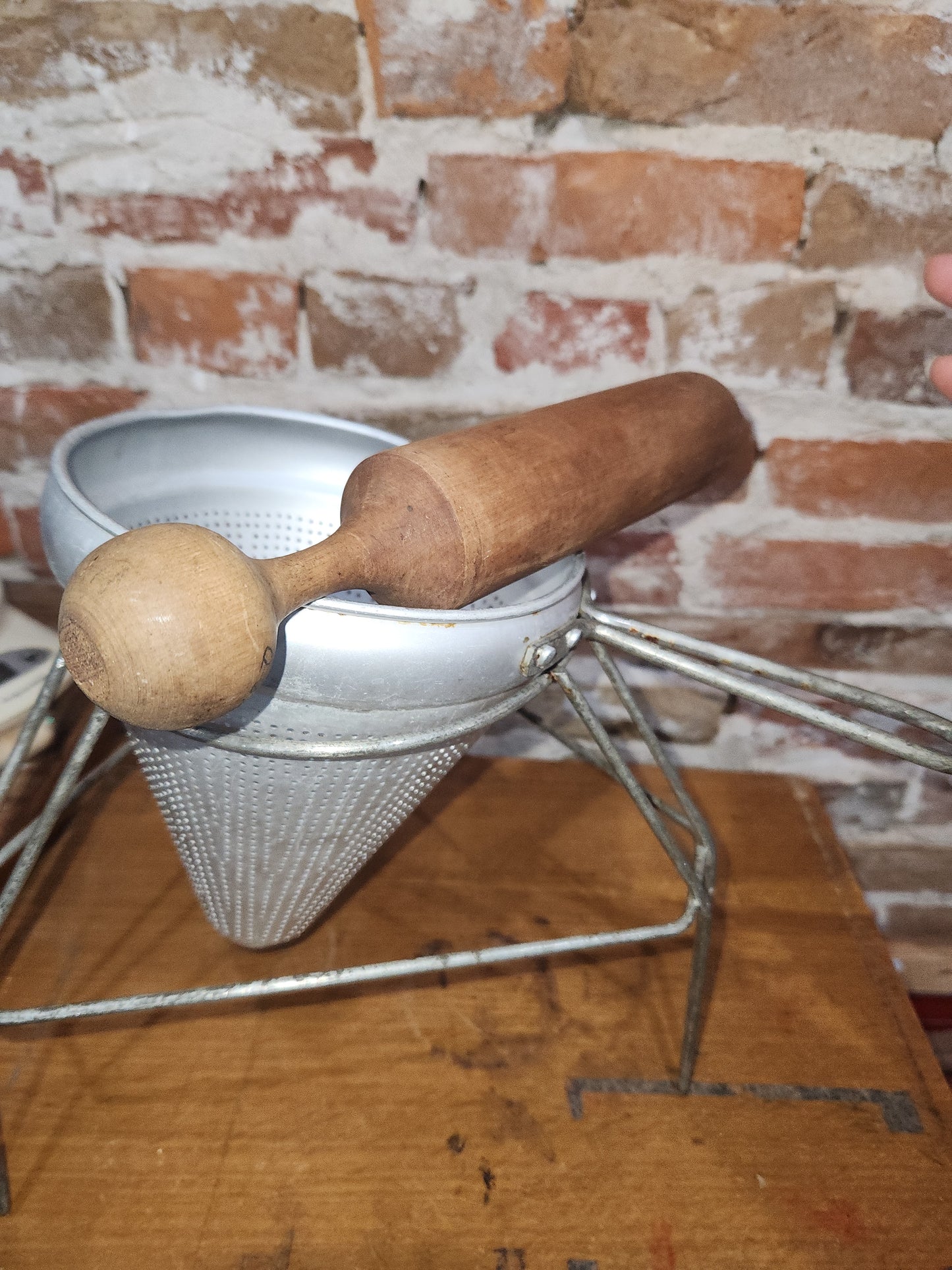 Vintage Cone Sieve Colander Strainer with Stand with Wood Pestle ki334