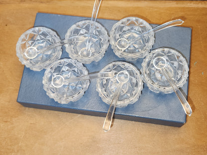 Vintage Pressed Glass Salt Cellars with Plastic Spoons Set of 6 in Original Box Made In Japan ss9