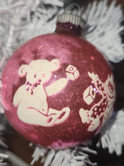 Vintage Shiny Brite Pink Christmas Ornament Stenciled Toy Bear Duck Toy Horse Clown Sailboat GLOWS vo26