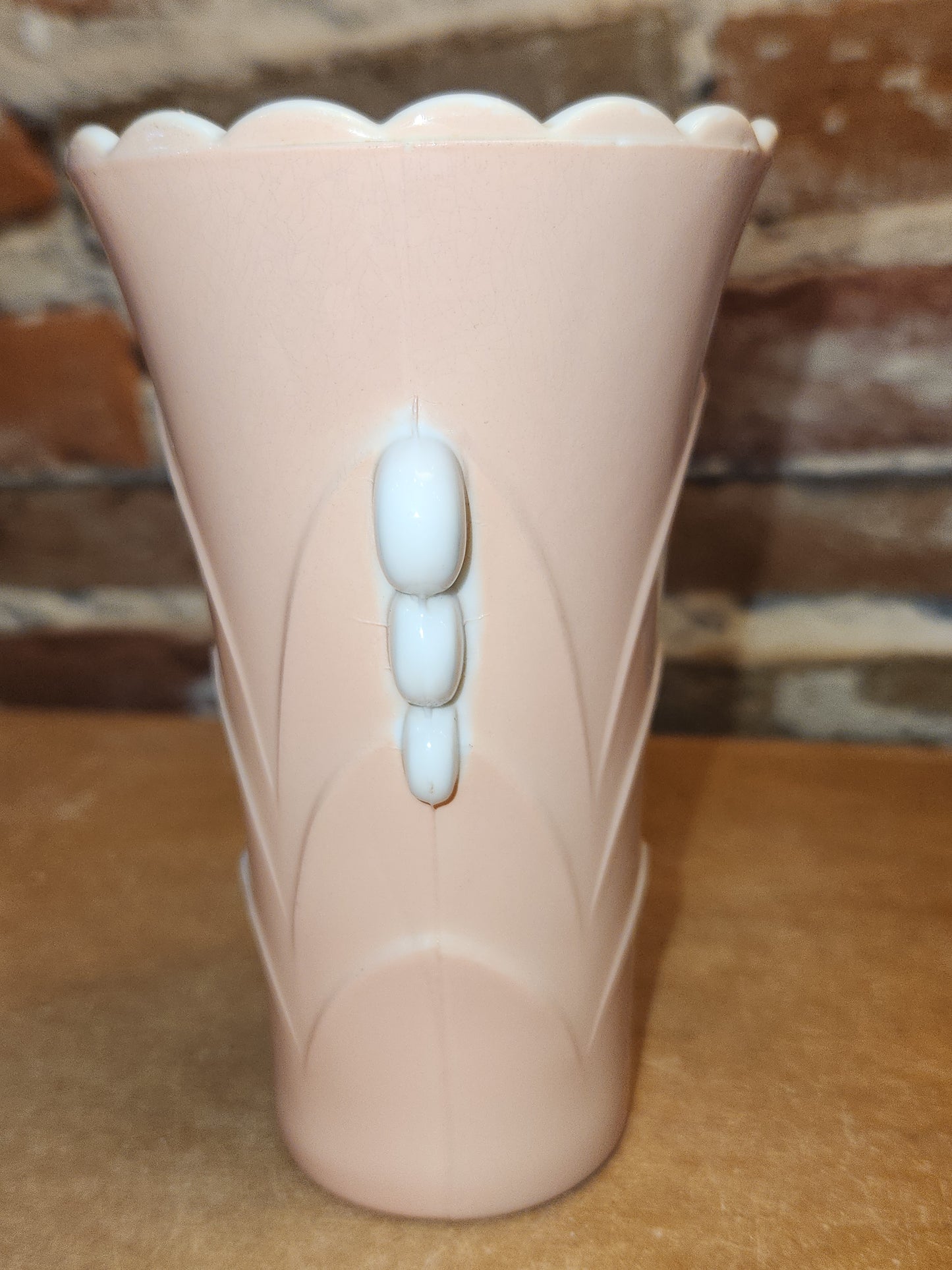 Vintage Vitrock Uranium Glass Vase Peach and White Scalloped Edges Beaded Handles Art Deco Vase GLOWS GREEN gl90