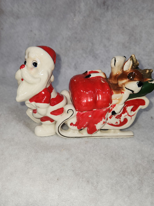 Vintage Kreiss Santa Pulling His Sleigh While his Reindeer are Snoozing inside Sleigh planter candy dish