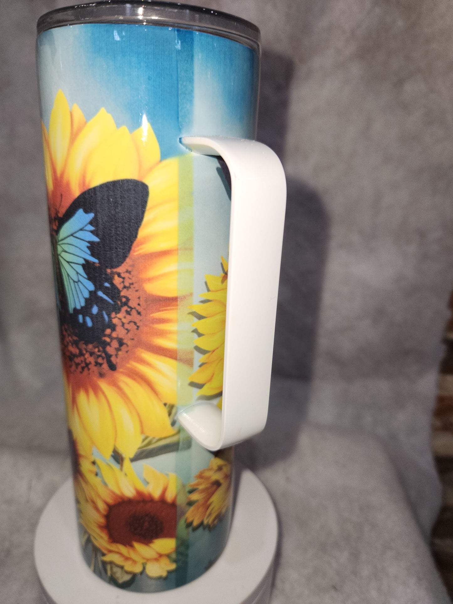 20 oz stainless steel, insulated, tumbler with handle Sunflower  & Butterflies