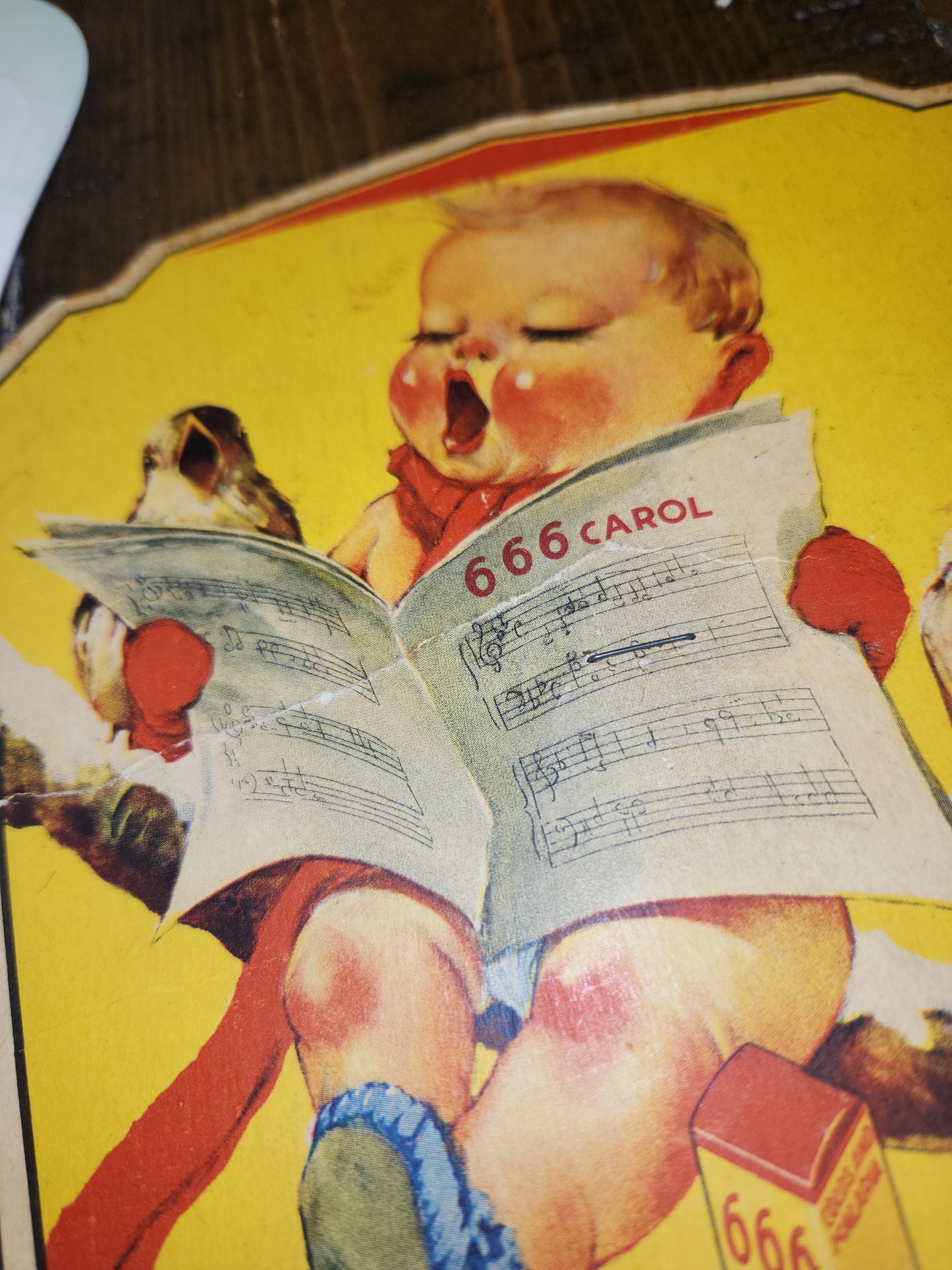 Vintage 666 Quartette Advertising Fan Medicine Liquid Salve Tablets Nose Drops Birds Baby AS IS af2