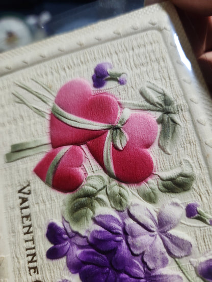Antique Valentine post card  Valentine Greeting Embossed Hearts and Violets