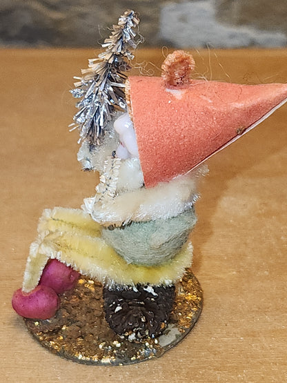 Vintage Spun Cotton Dwarf or Elf with Chinelle Bottle Brush Tree Pinecone and Mushroom Japan elf11