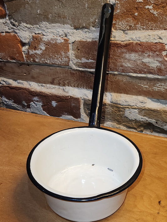 Vintage White Enamel Ladle Water Diooer with black handle and trim. En87