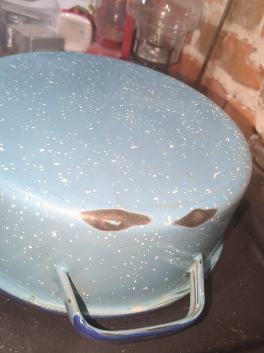 Vintage Enamelware Blue Speckled Pot Saucepan Roaster Base Farmhouse Graniteware ena65