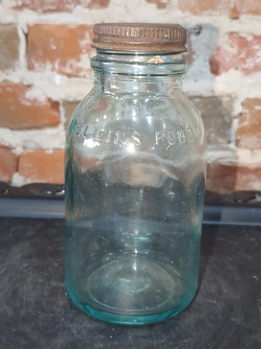 Vintage Mellin's Food Co Boston 6" Bottle Jar Aqua Blue Glass with lid Mellins bt87