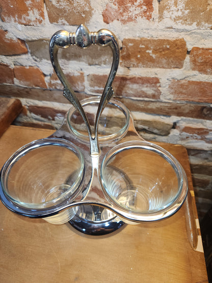 Kromex Three Cup Glass and Metal Condiments Lazy Susan kit21