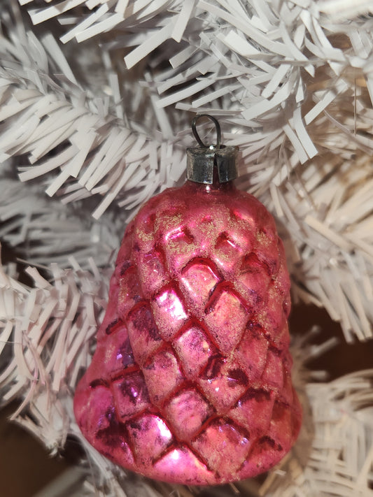 Vintage Antique Pinecone Hot Pink Bell Christmas Ornament Germany GLOWS vo2