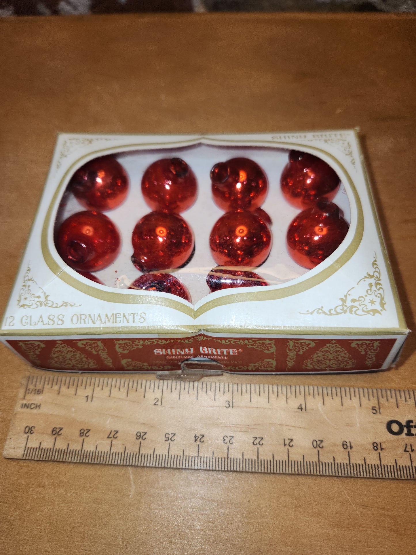 Box of Shiny Brite red ornaments .98" 1" 25mm box of 12 Box As Is No Hangers BO05