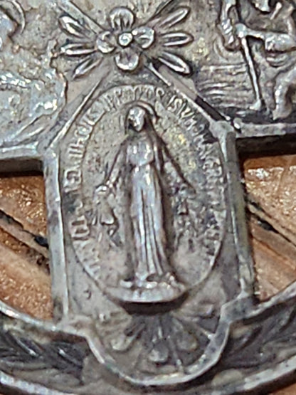 Vintage Sterling Silver Catholic 4 Way Cross Mary Jesus Medal Pendant cm71