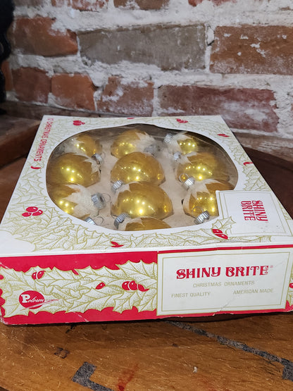 Vintage Shiny Brite 12 2 1/4" Glass Ornaments Gold Snow Capped With Mica bo191