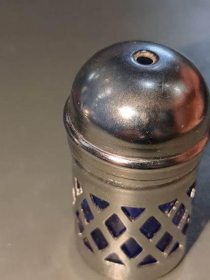 Silver and cobalt Blue glass and metal Lattice Salt and Pepper Shakers