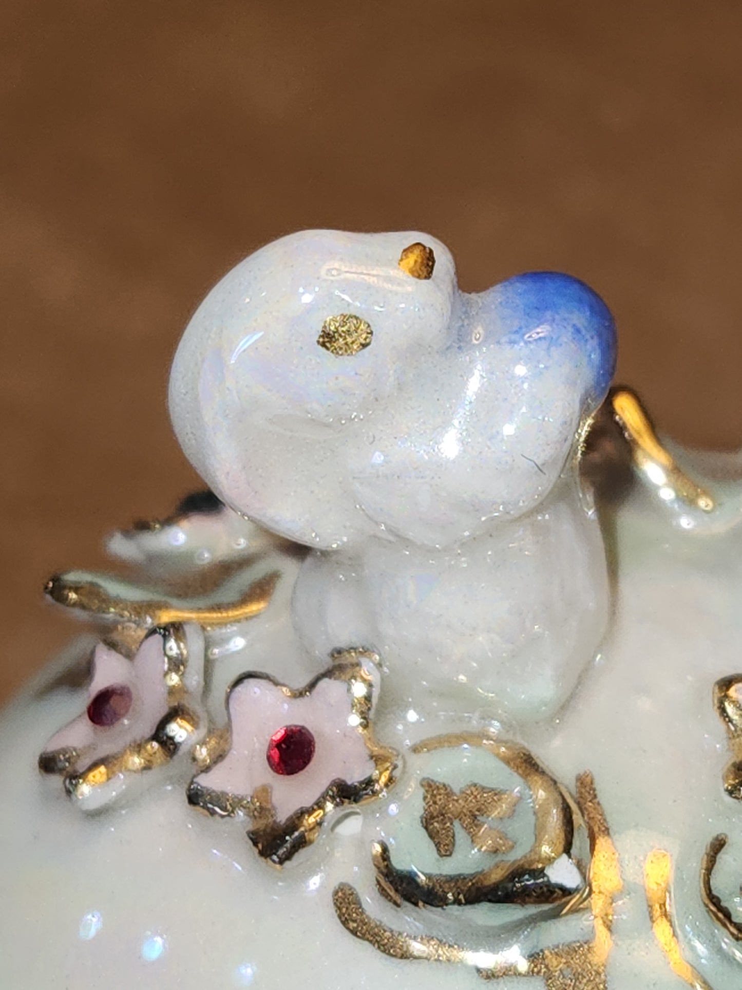 Vintage Porcelain Egg with 3D Bunnies, Flowers Leaves Eggs Gold Accents. Eg7