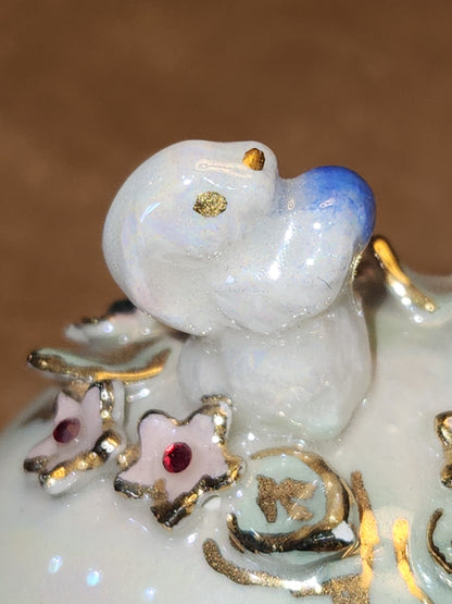 Vintage Porcelain Egg with 3D Bunnies, Flowers Leaves Eggs Gold Accents. Eg7