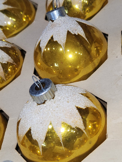 Vintage Shiny Brite 12 2 1/4" Glass Ornaments Gold Snow Capped With Mica bo191