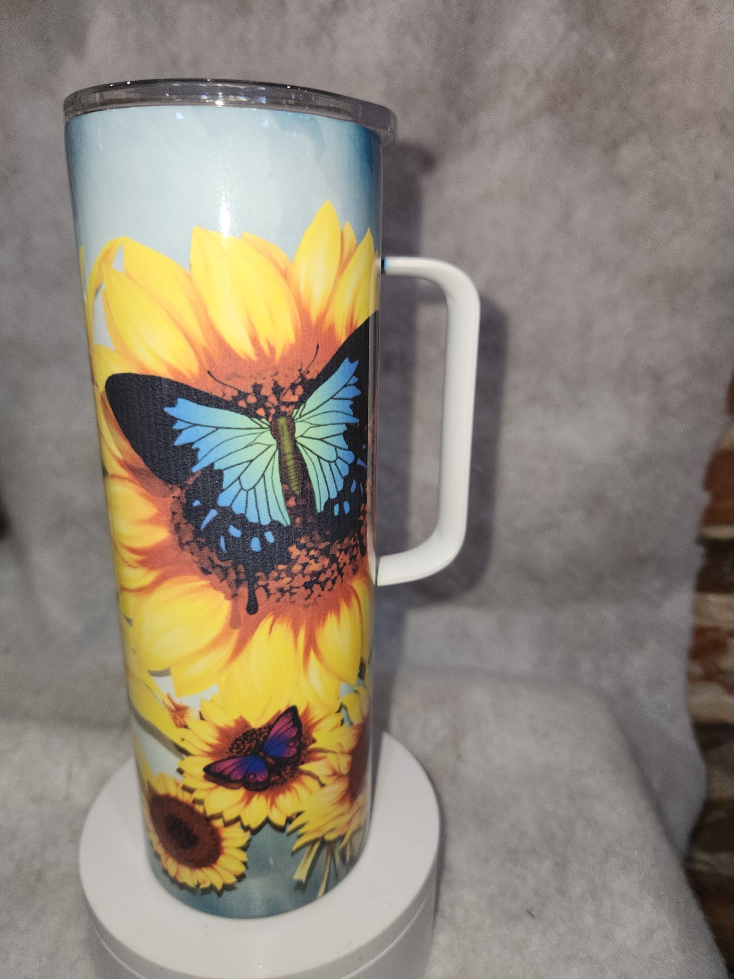 20 oz stainless steel, insulated, tumbler with handle Sunflower  & Butterflies