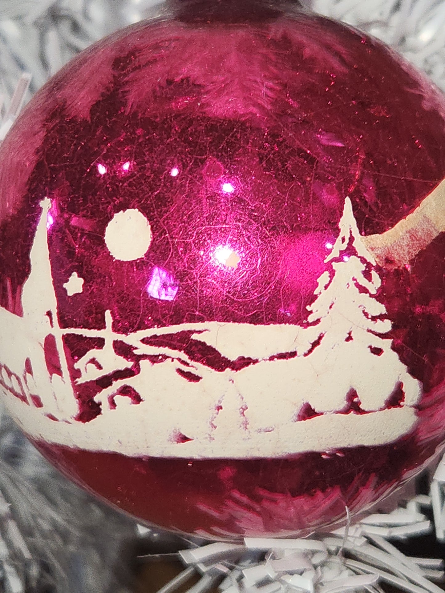 Vintage Shiny Brite Hot Pink Stenciled Church Glass Ornament GLOWS vo17