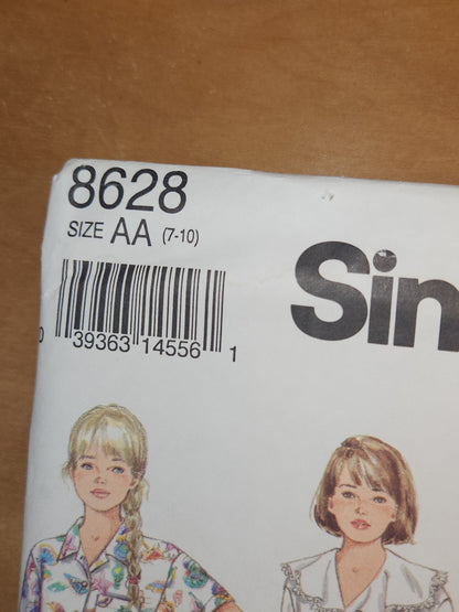Simplicity Sewing Pattern #8628 Girls Button Front Shirt Size 7-10 UNCUT 1993 sp1