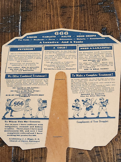 Vintage 666 Quartette Advertising Fan Medicine Liquid Salve Tablets Nose Drops Birds Baby fan12
